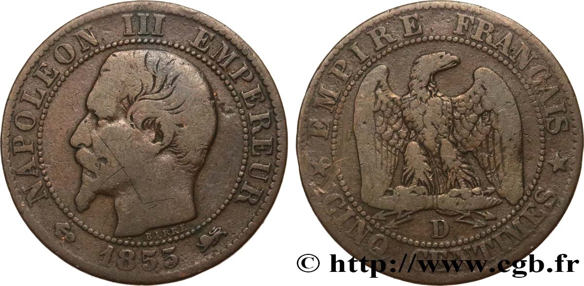 Cinq centimes Napoléon III, tête nue 1855 Lyon F.116/23 TB15 