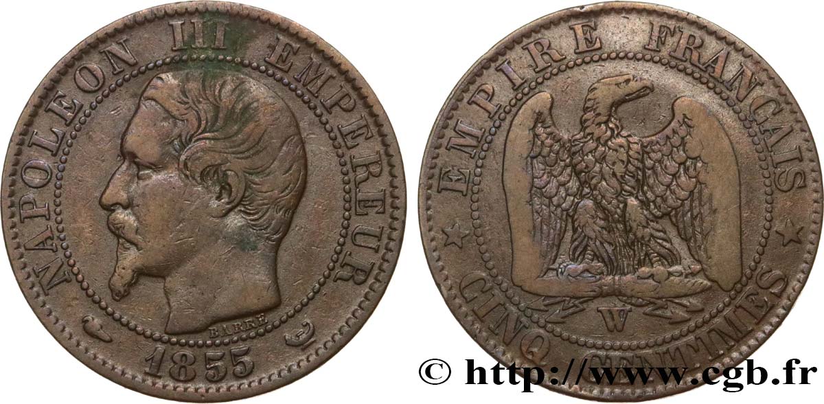 Cinq centimes Napoléon III, tête nue 1855 Lille F.116/28 TB25 