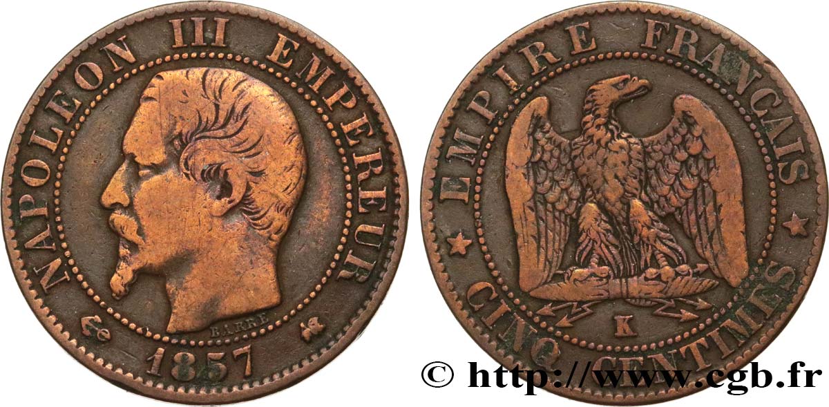 Cinq centimes Napoléon III, tête nue 1857 Bordeaux F.116/41 MB 