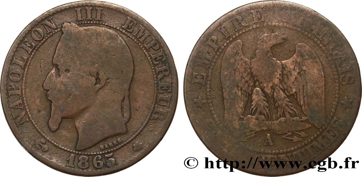 Cinq centimes Napoléon III, tête laurée 1865 Paris F.117/16 B10 
