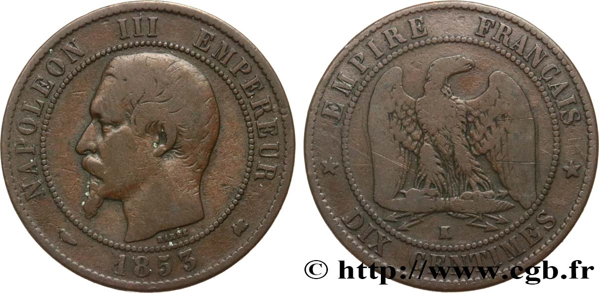 Dix centimes Napoléon III, tête nue 1853 Bordeaux F.133/7 F15 