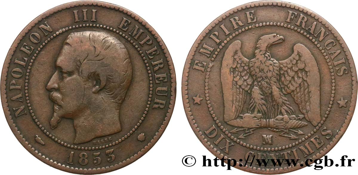 Dix Centimes Napoléon III tête nue 1853 Marseille F.133/8 F15 