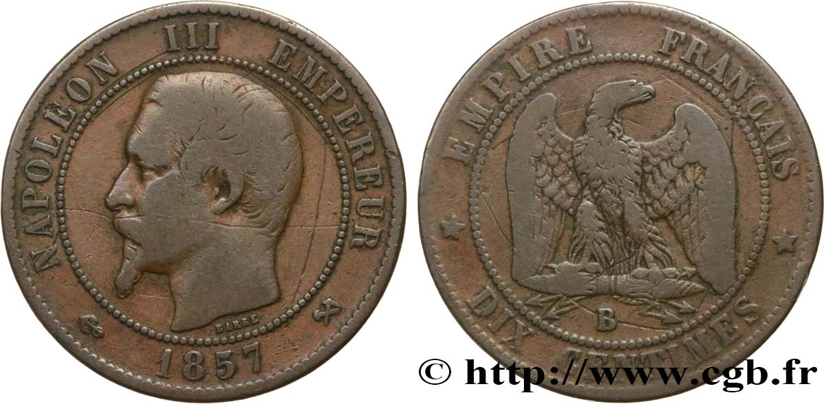 Dix centimes Napoléon III, tête nue 1857 Rouen F.133/42 TB15 