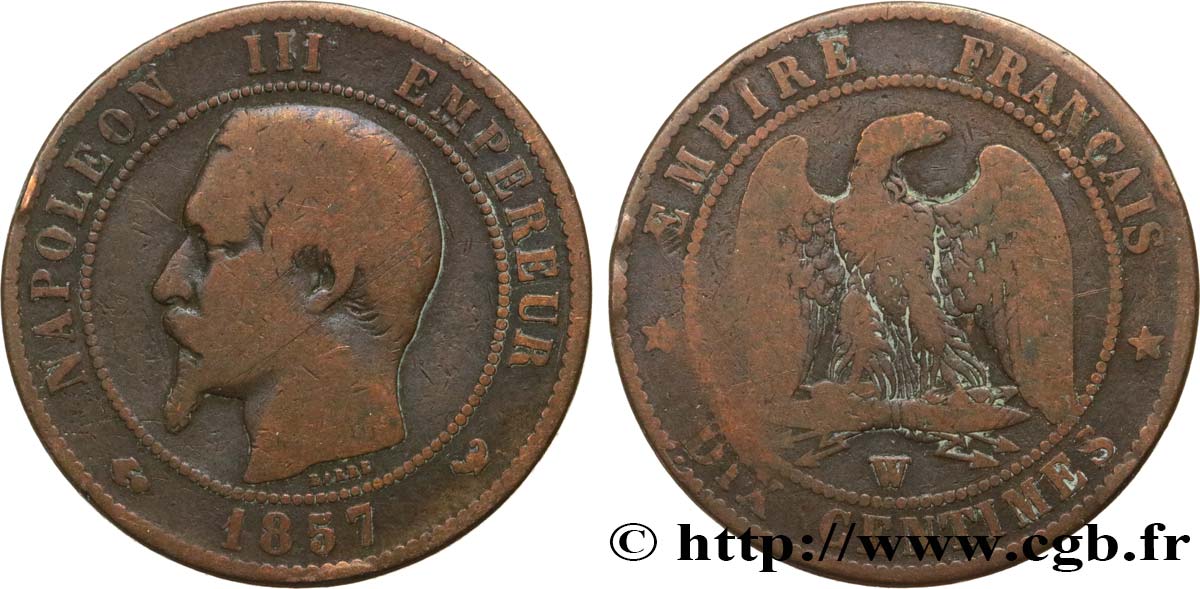 Dix centimes Napoléon III, tête nue 1857 Lille F.133/46 B12 