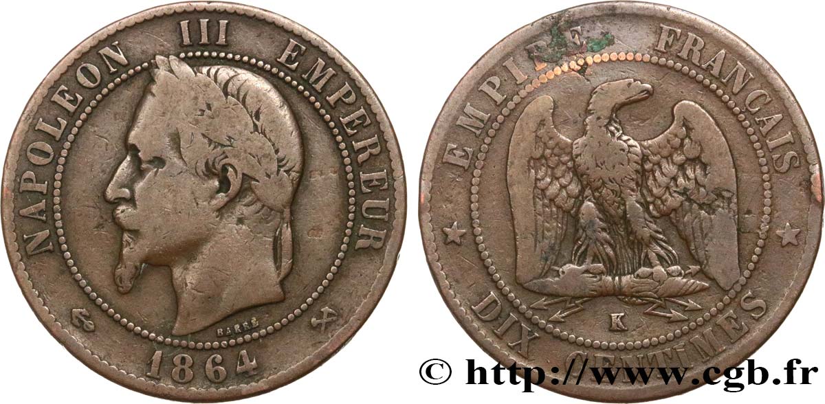 Dix centimes Napoléon III, tête laurée 1864 Bordeaux F.134/15 F15 