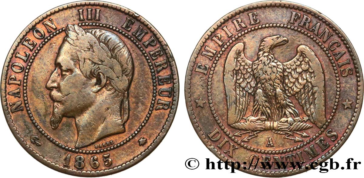 Dix centimes Napoléon III, tête laurée 1865 Paris F.134/16 TB25 