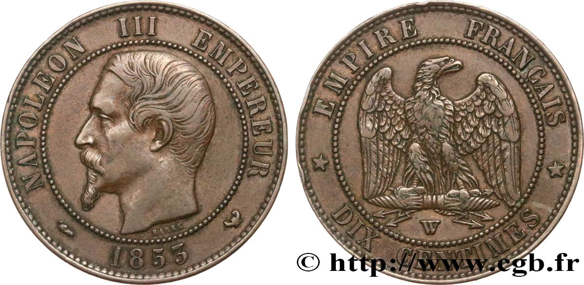 Dix centimes Napoléon III, tête nue 1853 Lille F.133/10 MBC45 