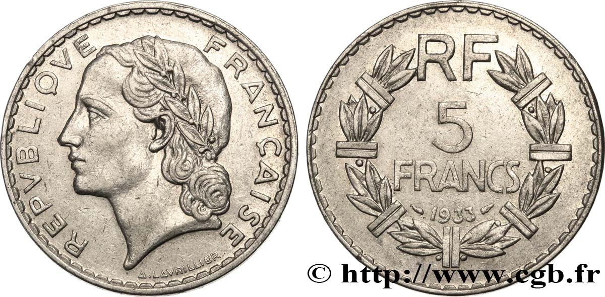 5 francs Lavrillier, nickel 1933  F.336/2 BB45 