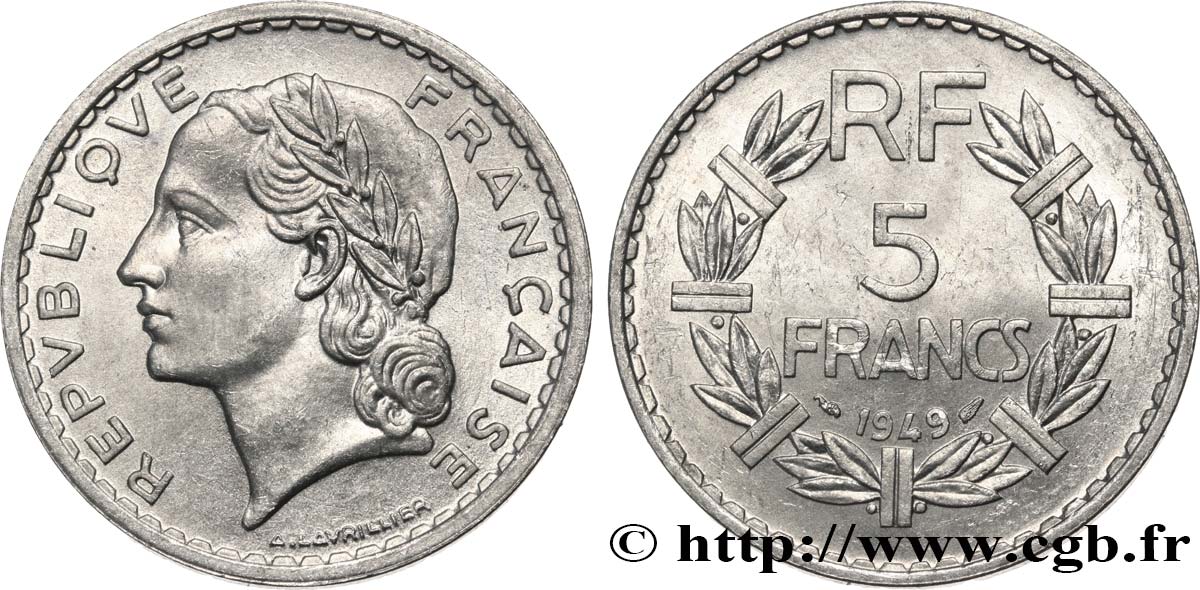 5 francs Lavrillier, aluminium 1949  F.339/17 AU55 