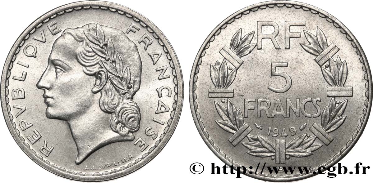 5 francs Lavrillier, aluminium 1949 Beaumont-le-Roger F.339/19 SS50 