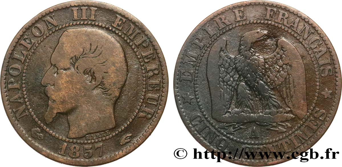 Cinq centimes Napoléon III, tête nue 1857 Paris F.116/37 B12 