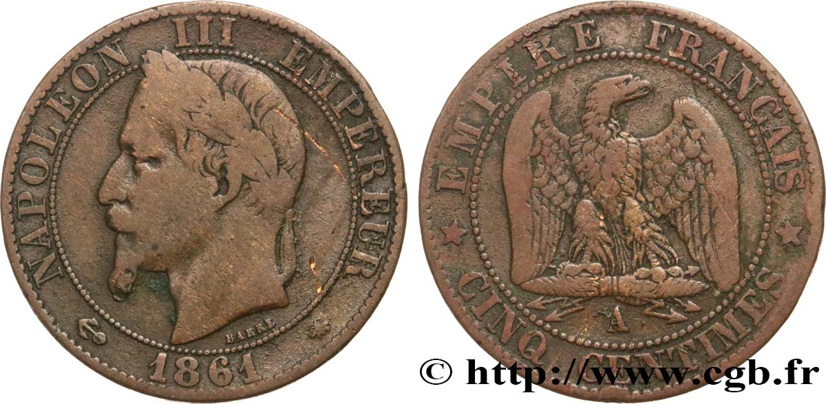 Cinq centimes Napoléon III, tête laurée 1861 Paris F.117/4 F15 