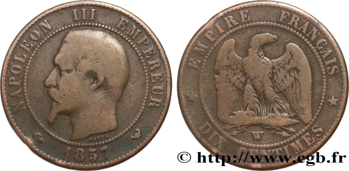 Dix centimes Napoléon III, tête nue 1857 Lille F.133/46 TB20 