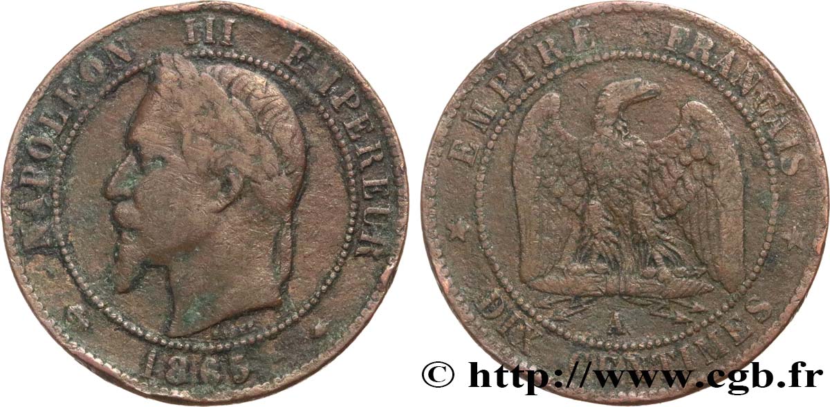 Dix centimes Napoléon III, tête laurée 1865 Paris F.134/16 BC20 