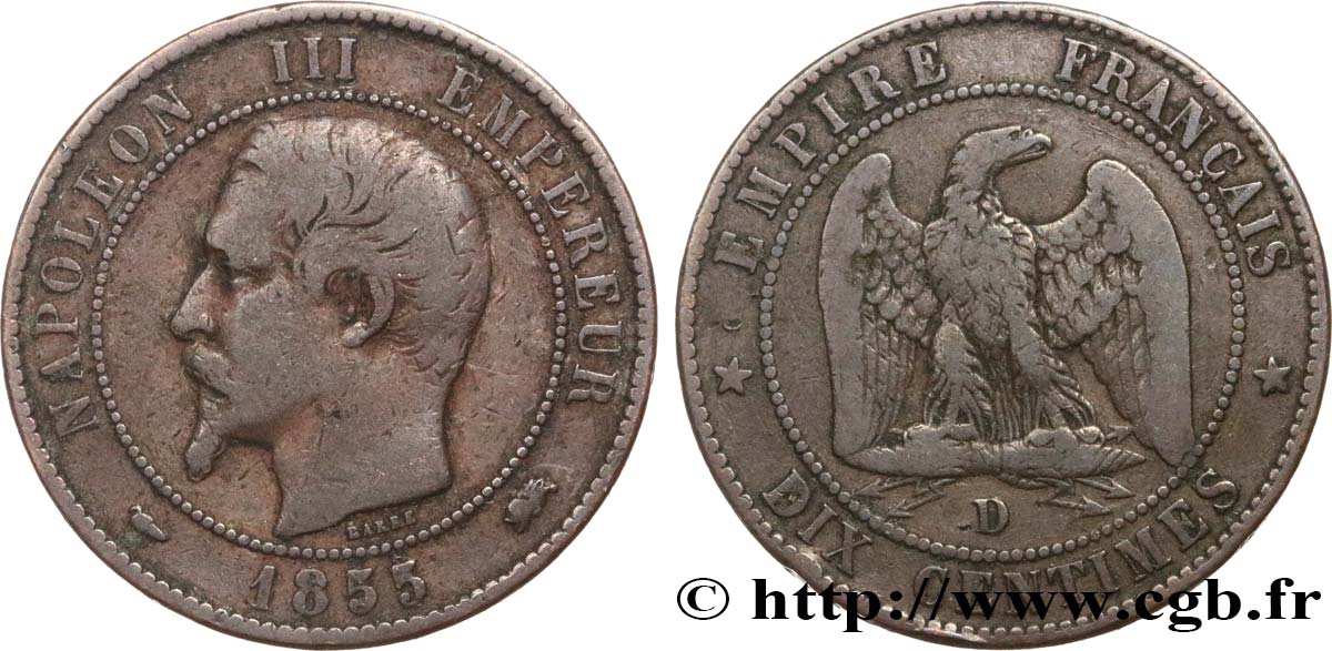 Dix centimes Napoléon III, tête nue 1855 Lyon F.133/25 TB15 