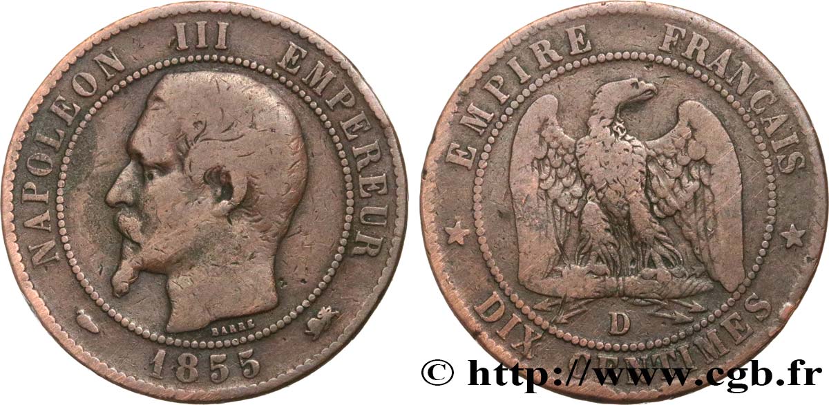 Dix centimes Napoléon III, tête nue 1855 Lyon F.133/25 F 