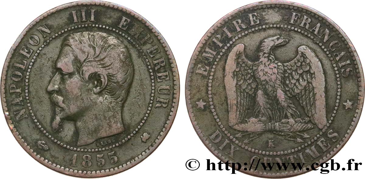 Dix centimes Napoléon III, tête nue 1855 Bordeaux F.133/29 MB20 