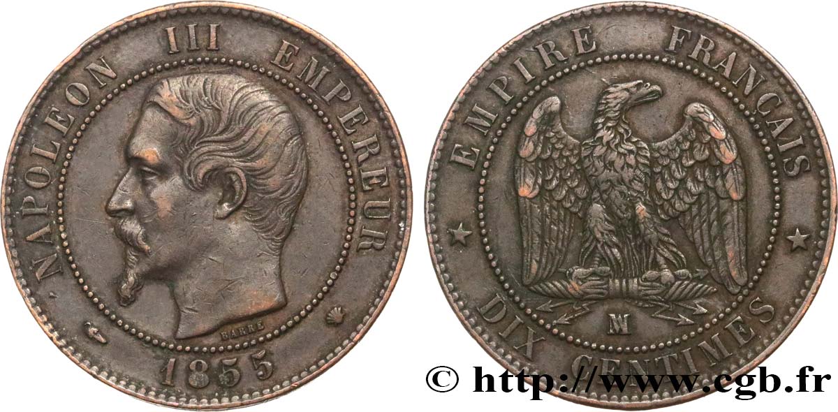 Dix centimes Napoléon III, tête nue, différent levrette 1855 Marseille F.133/30 TTB45 