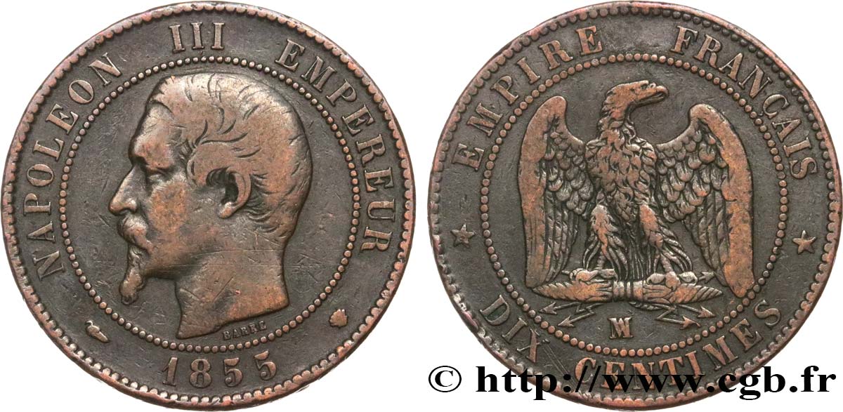 Dix centimes Napoléon III, tête nue, différent levrette 1855 Marseille F.133/30 TB25 