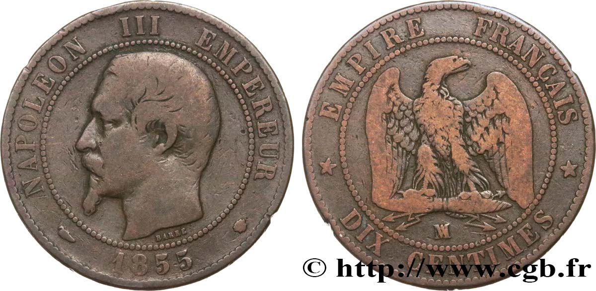 Dix centimes Napoléon III, tête nue, différent levrette 1855 Marseille F.133/30 S15 