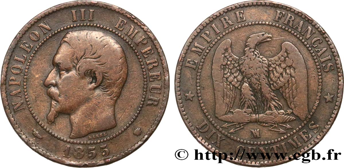 Dix centimes Napoléon III, tête nue, différent levrette 1855 Marseille F.133/30 S15 