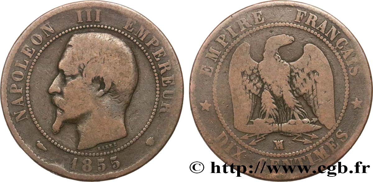 Dix centimes Napoléon III, tête nue, différent levrette 1855 Marseille F.133/30 B12 