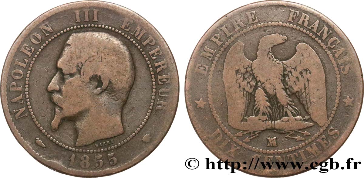 Dix centimes Napoléon III, tête nue, différent levrette 1855 Marseille F.133/30 RC12 