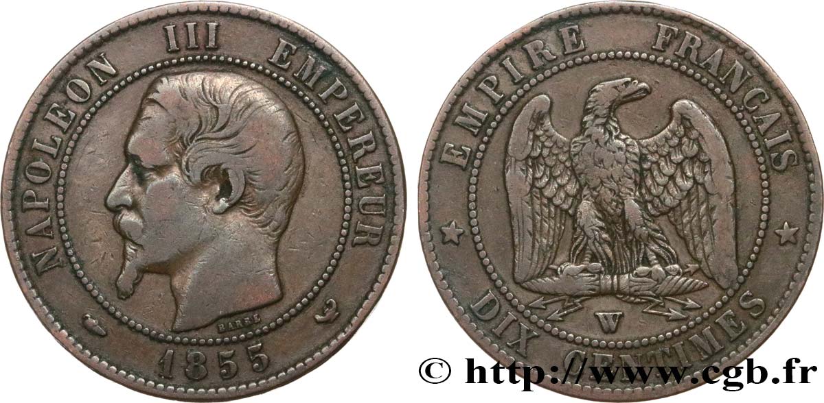 Dix centimes Napoléon III, tête nue 1855 Lille F.133/32 VF25 