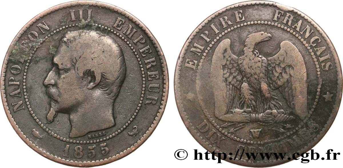 Dix centimes Napoléon III, tête nue 1855 Lille F.133/32 RC12 