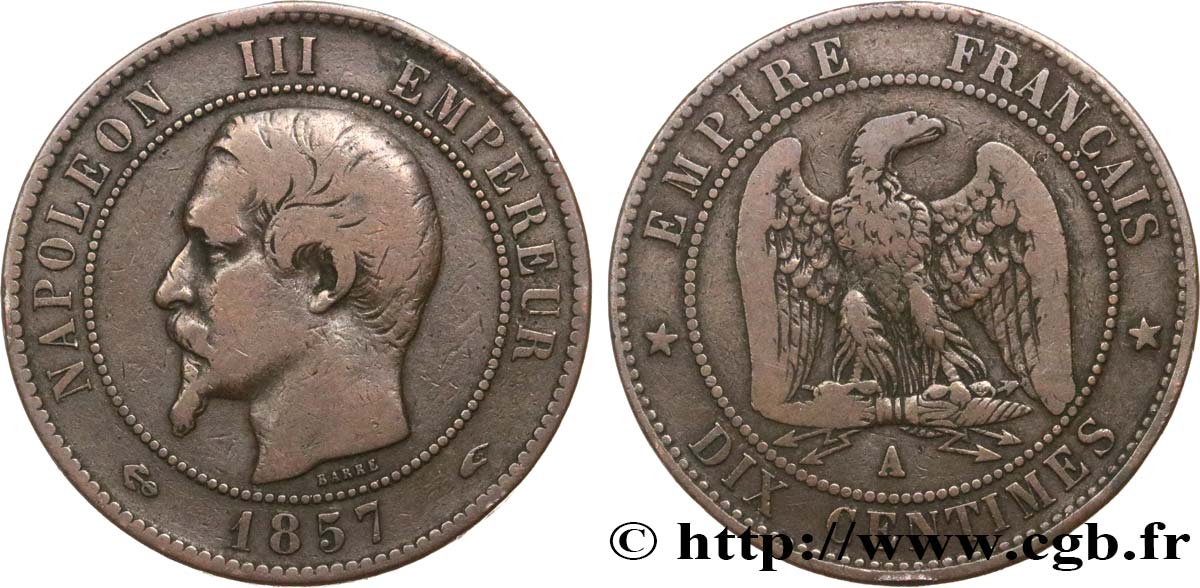 Dix centimes Napoléon III, tête nue 1857 Paris F.133/41 MB20 