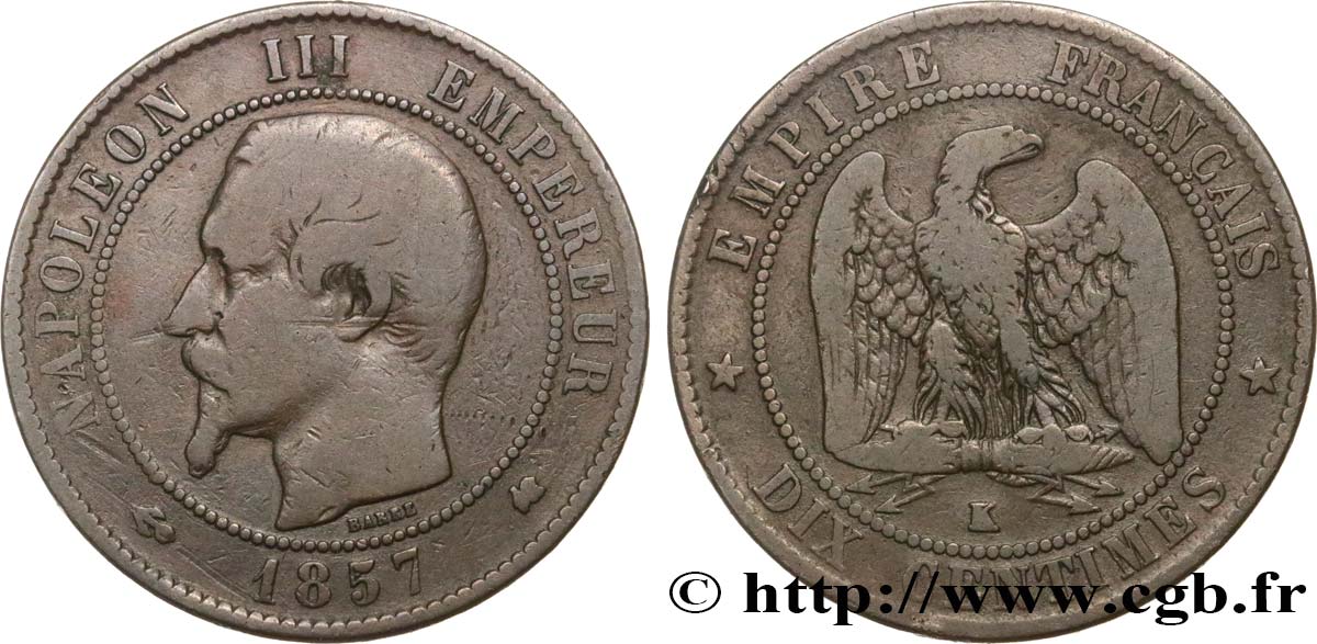 Dix centimes Napoléon III, tête nue 1857 Bordeaux F.133/44 BC15 