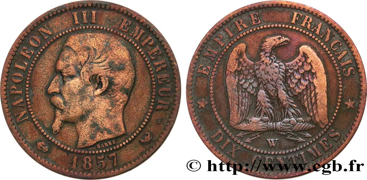 Dix centimes Napoléon III, tête nue 1857 Lille F.133/46 TB 