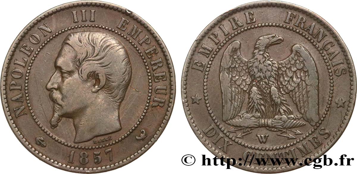 Dix centimes Napoléon III, tête nue 1857 Lille F.133/46 BC30 