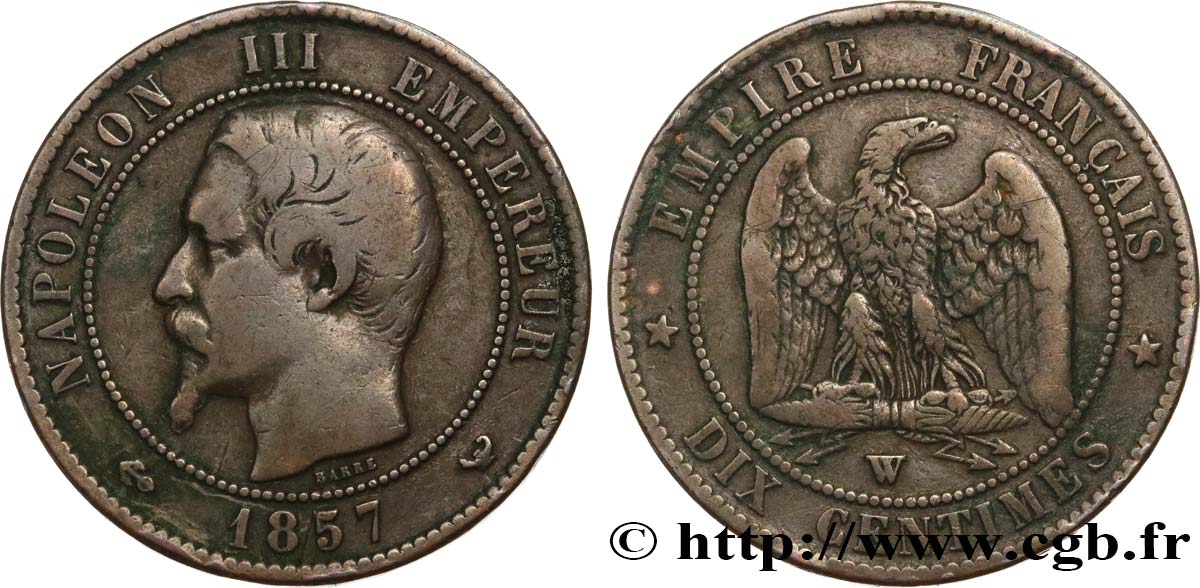 Dix centimes Napoléon III, tête nue 1857 Lille F.133/46 VF20 