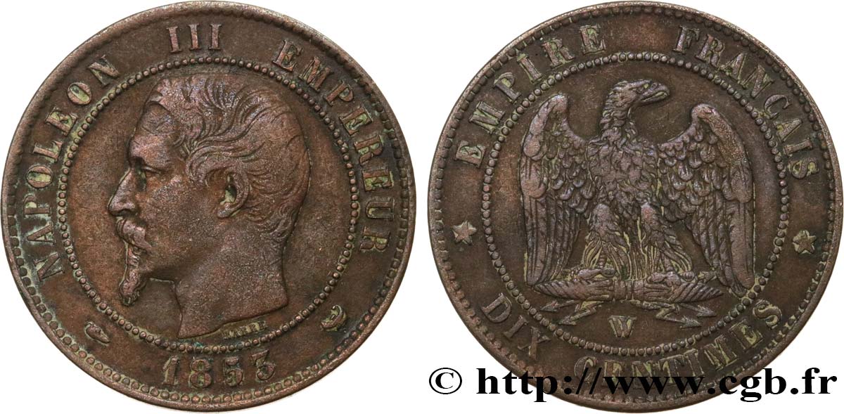Dix centimes Napoléon III, tête nue 1853 Lille F.133/10 BC+ 