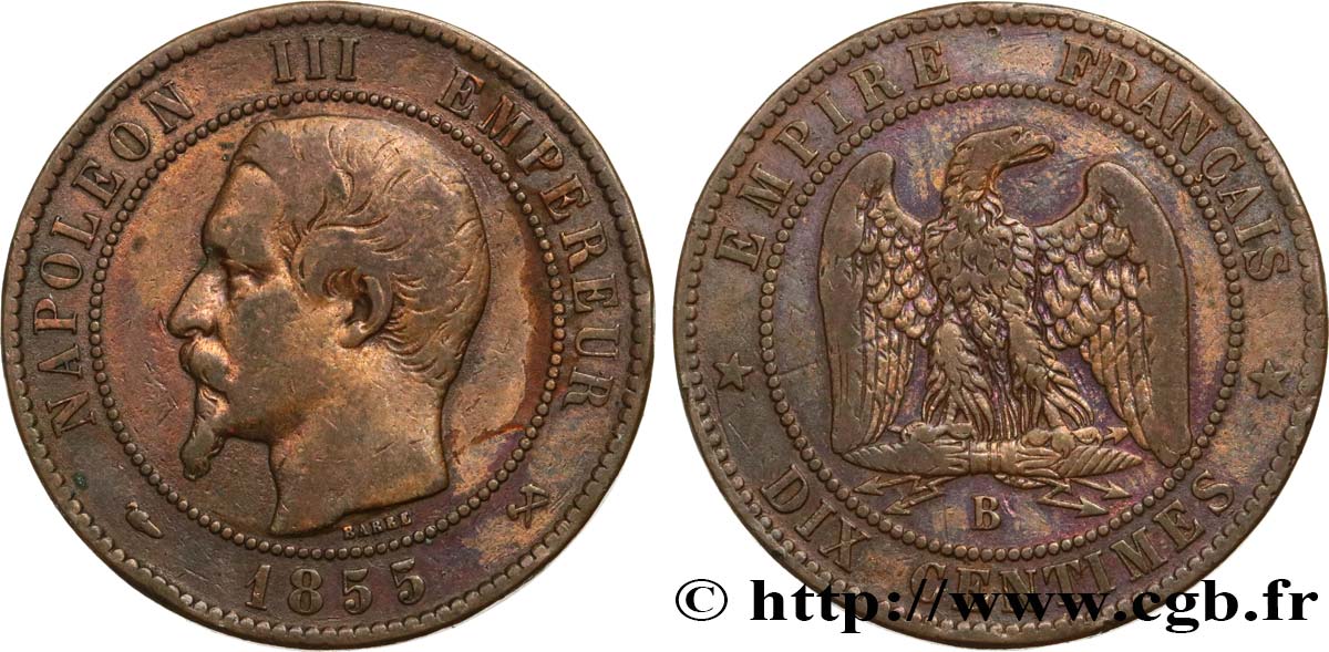 Dix centimes Napoléon III, tête nue 1855 Rouen F.133/21 TB 