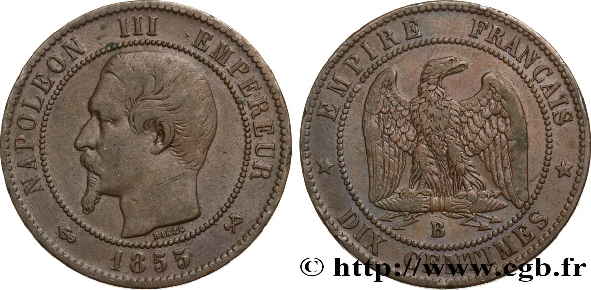 Dix centimes Napoléon III, tête nue 1855 Rouen F.133/22 VF30 