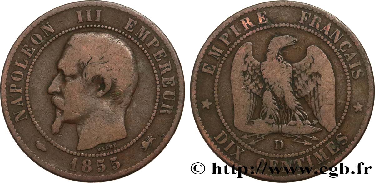 Dix centimes Napoléon III, tête nue 1855 Lyon F.133/25 RC12 