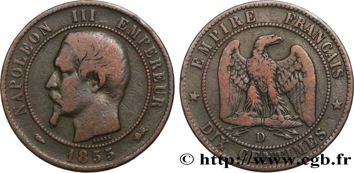 Dix centimes Napoléon III, tête nue 1855 Lyon F.133/25 BC15 