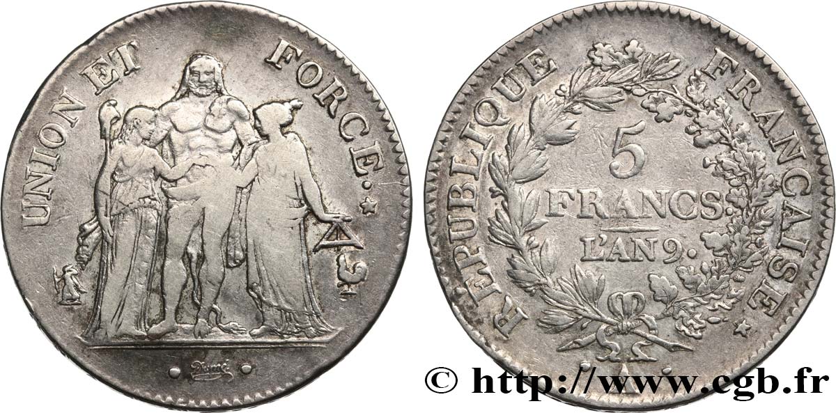 5 francs Union et Force, Union serré, avec glands intérieurs et gland extérieur 1801 Paris F.288/155 TB+ 