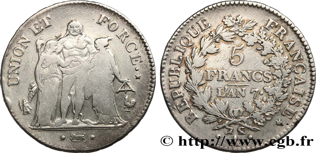 5 francs Union et Force, Union serré, avec glands intérieurs et gland extérieur 1799 Paris F.288/95 TB 