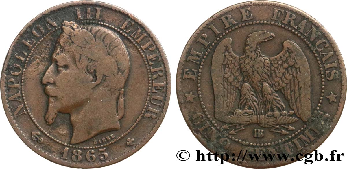 Cinq centimes Napoléon III, tête laurée 1865 Strasbourg F.117/17 BC20 