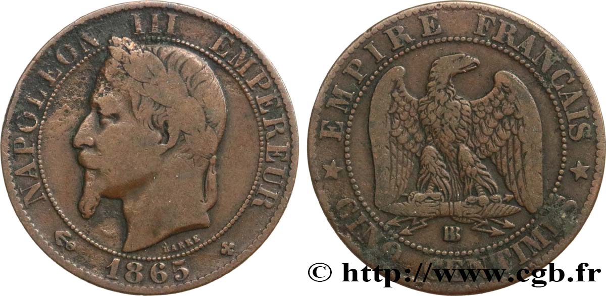Cinq centimes Napoléon III, tête laurée 1865 Strasbourg F.117/17 MB20 