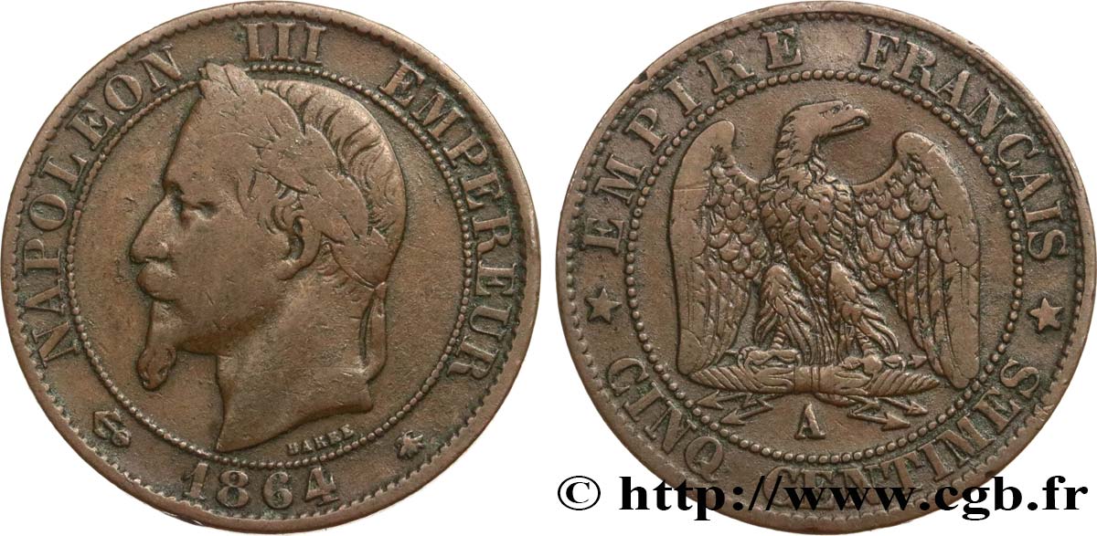Cinq centimes Napoléon III, tête laurée 1864 Paris F.117/13 VF20 