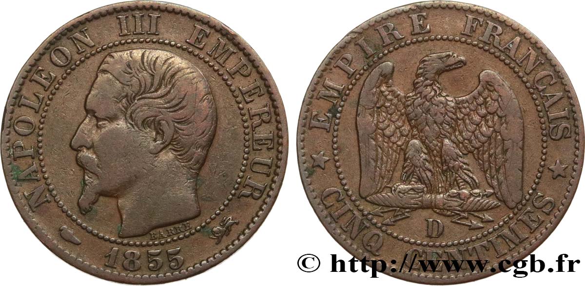 Cinq centimes Napoléon III, tête nue 1855 Lyon F.116/22 VF25 