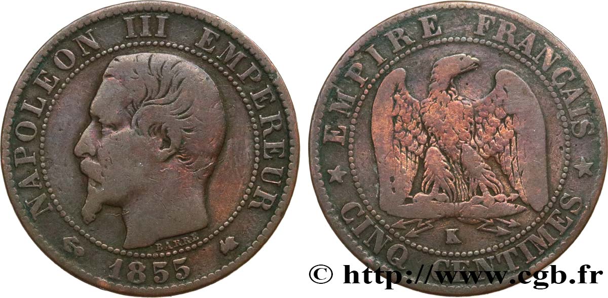 Cinq centimes Napoléon III, tête nue 1855 Bordeaux F.116/25 F15 