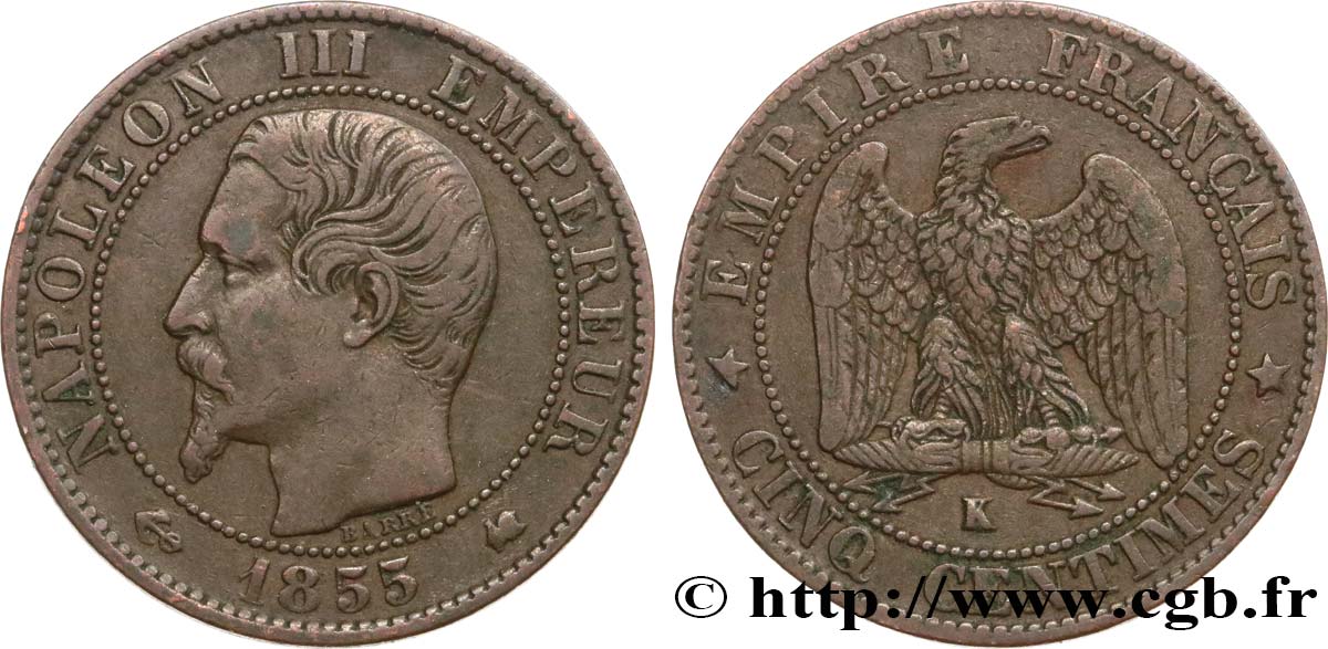 Cinq centimes Napoléon III, tête nue 1855 Bordeaux F.116/25 XF40 