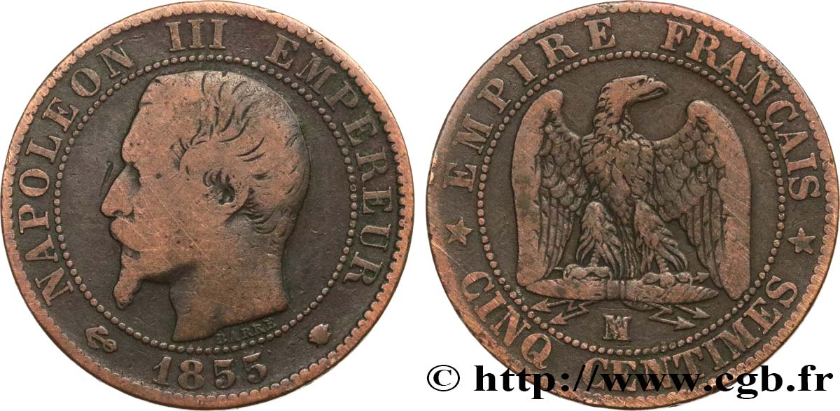 Cinq centimes Napoléon III, tête nue 1855 Marseille F.116/27 TB 