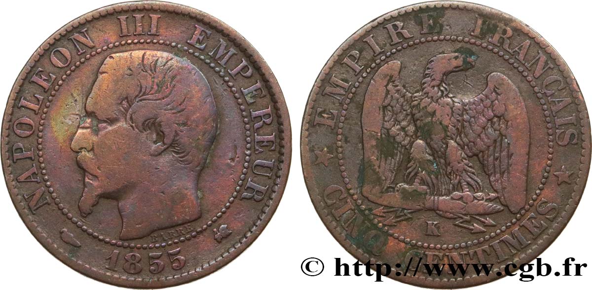 Cinq centimes Napoléon III, tête nue 1855 Bordeaux F.116/24 BC 