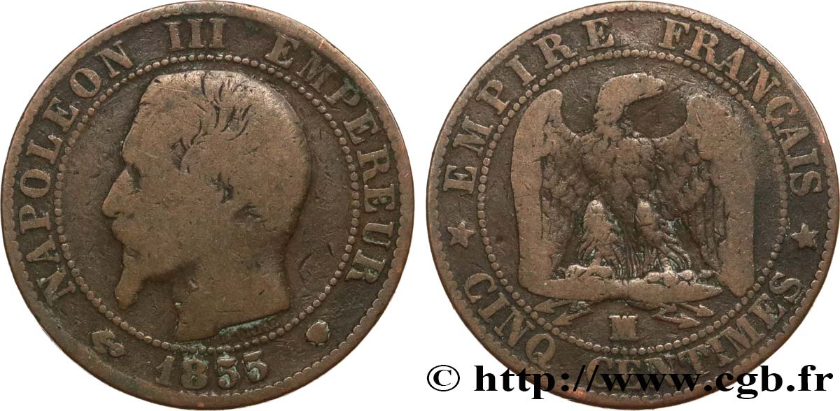Cinq centimes Napoléon III, tête nue 1855 Marseille F.116/27 RC+ 